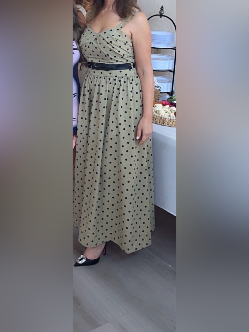 En Saison Olive Maxi Dress Skirt with Black Polka Dots